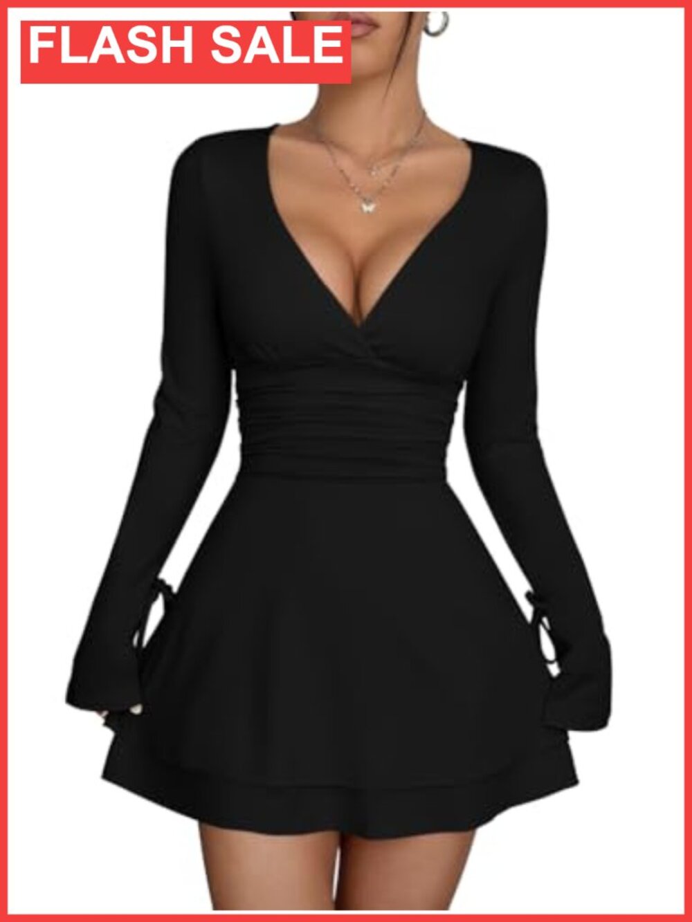 Women's Sexy Wrap V Neck Long Sleeve Flowy Hem Club Mini Dress